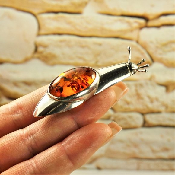 BALTIC AMBER 925 SILVER SNAIL BROOCH, RARE TO FIND JEWELRY, GIFT FOR WOMEN - Picture 10 of 10